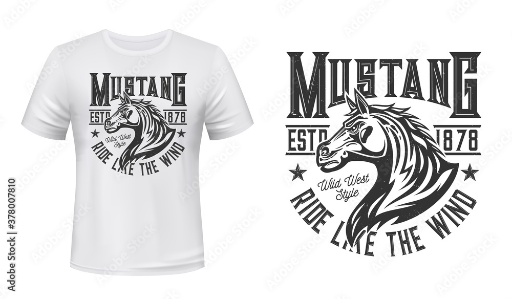 Wild mustang stallion t-shirt vector print. Horse stallion head with waving mane illustration and typography. Wild west horse riding, equestrian or racing club clothing custom print design - obrazy, fototapety, plakaty 