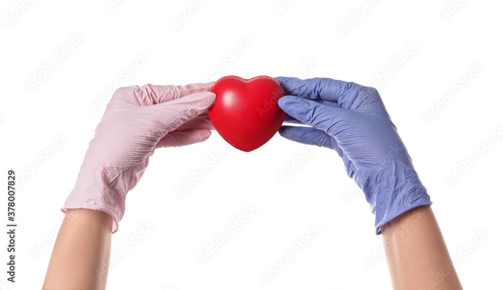 Hands of doctor with heart on white background. Cardiology concept