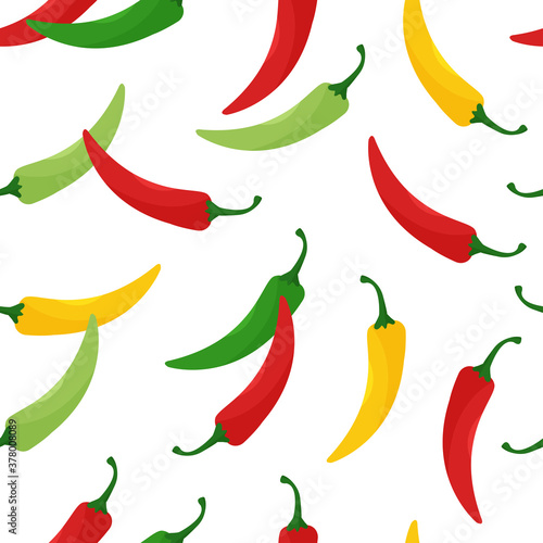 Seamless pattern with hot chili peppers, jalapeno vegetables, background with cayenne pepper red, green, yellow colors isolated on white background. Vector illustration