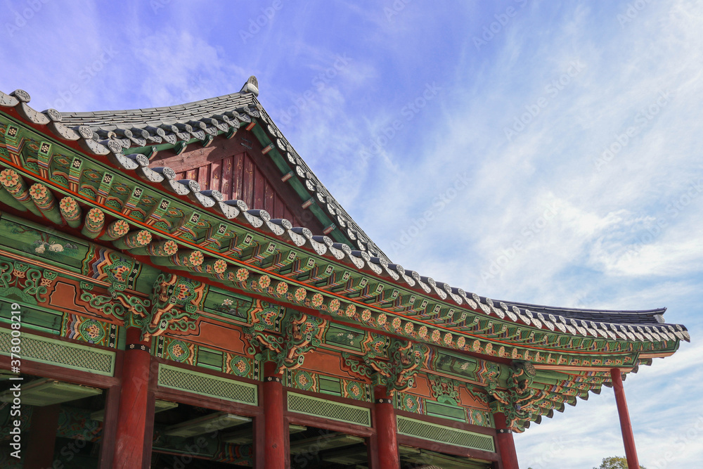 traditional multicolored paintwork on wooden buildings of Korea called 