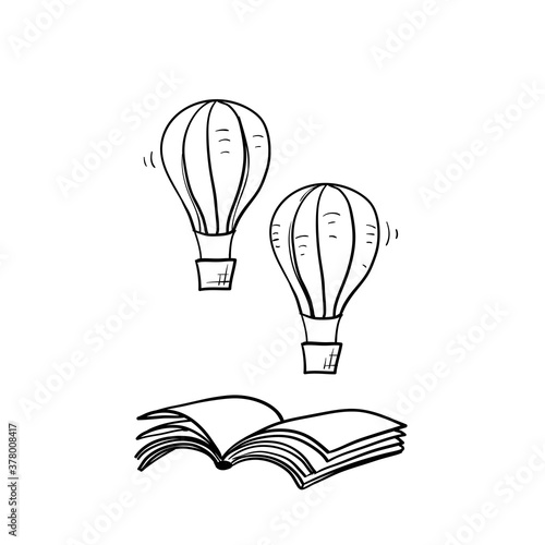 hand drawn book and air balloon illustration vector doodle