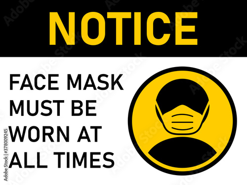 Notice Face Mask Must Be Worn at All Times Horizontal Warning Poster Sign against the Spread of Coronavirus with an Aspect Ratio of 4:3. Vector Image.