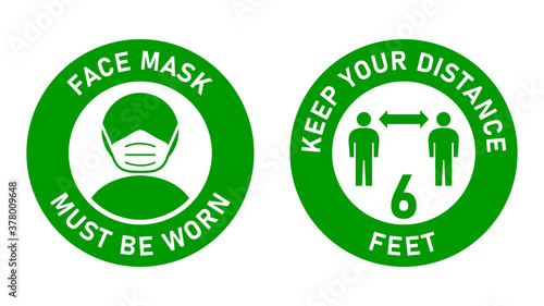 Set of Circular Measure Warning Signs against the Spread of Coronavirus including Face Mask Must Be Worn and Keep Your Distance 6 Feet. Vector Image.