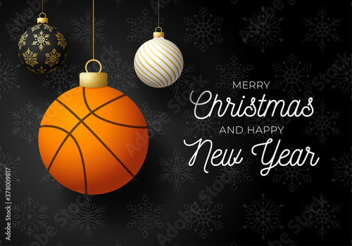 Merry Christmas and Happy New Year luxury Sports greeting card. Basketball ball as a Christmas ball on black background. Vector illustration.
