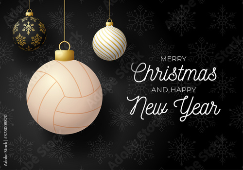 Merry Christmas and Happy New Year luxury Sports greeting card. volleyball ball as a Christmas ball on black background. Vector illustration.