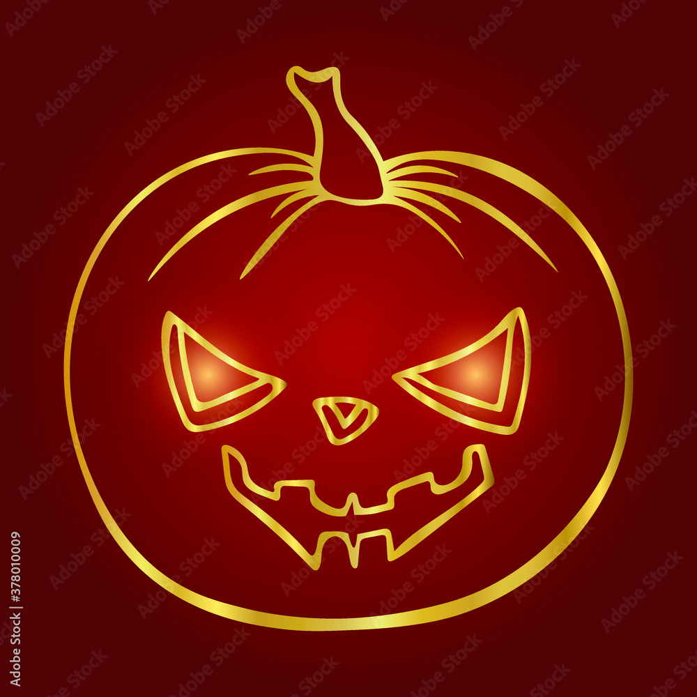 Fototapeta premium Halloween pumpkin hand drawn outline shining bright gold or red background. Happy Halloween holiday cute character. Greeting card, banner, party invitation design. Vector illustration