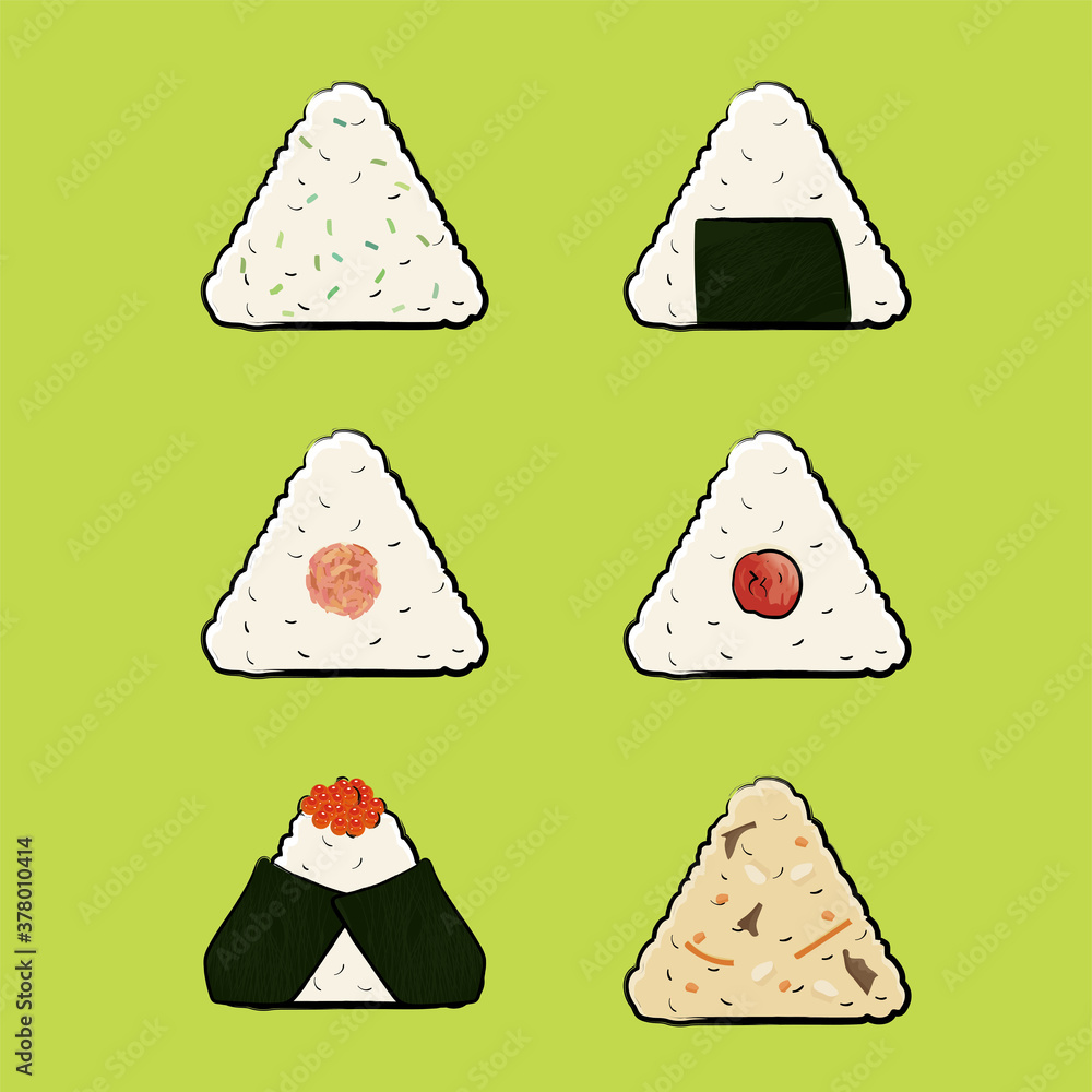 手描きタッチのおにぎりオムスビのイラスト6種セット イクラ海苔鮭青菜炊き込みご飯 Japanese Rice Balls Stock Vector Adobe Stock