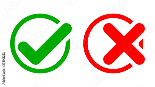 Set of Yes and No or Right and Wrong or Approved and Rejected Icons with Check Mark and Cross Symbols in Green and Red Circles. Vector Image.