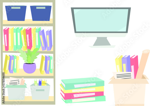 Office work, education, bookshelf. Flat cartoon style vector illustration, set of objects.