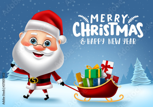 Merry christmas santa vector banner design. Merry christmas text with santa claus character pulling sleigh with colorful gift box for holiday season gift giving in winter snow background.