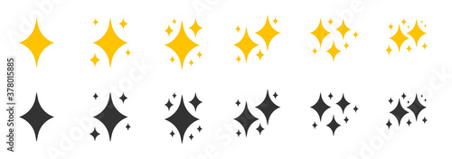 Yellow, black flat sparkles symbols icon set. Element shiny flash. Decoration starry twinkle. Glitter bright different shape, burst firework glowing light effect Isolated on white vector illustration