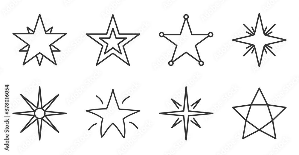 Set of black linear star icons. Simple contour star shape pattern. Line for tatto, app, game. Symbol starry magic, night sky. Decoration element for christmas or birthday Isolated vector illustration Set of black linear star icons. Simple contour star shape pattern. Line for tatto, app, game. Symbol starry magic, night sky. Decoration element for christmas or birthday Isolated vector illustration