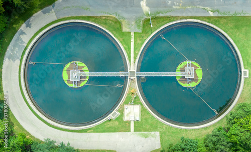 Aerial view of two circle shaped water tanks at a water treatment plant near Annapolis Maryland USA