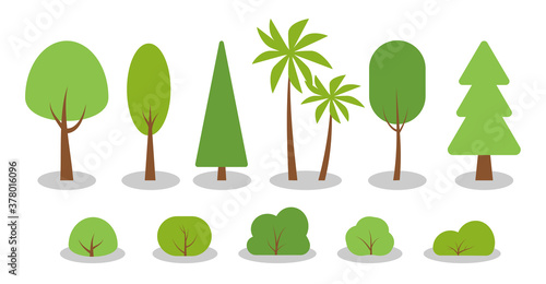 Green spring cartoon trees, bushes flat icon set. Simple different shape eco organic plant sign. Summer season forest, park, garden oak, birch, fir, palm, symbol. Isolated on white vector illustration