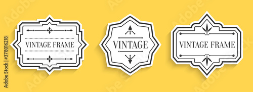 Retro vintage white labels paper cut set with shadow. Package template for text banner, sticker. Different shape empty border tag menu sale price with decorative elements Isolated vector illustration
