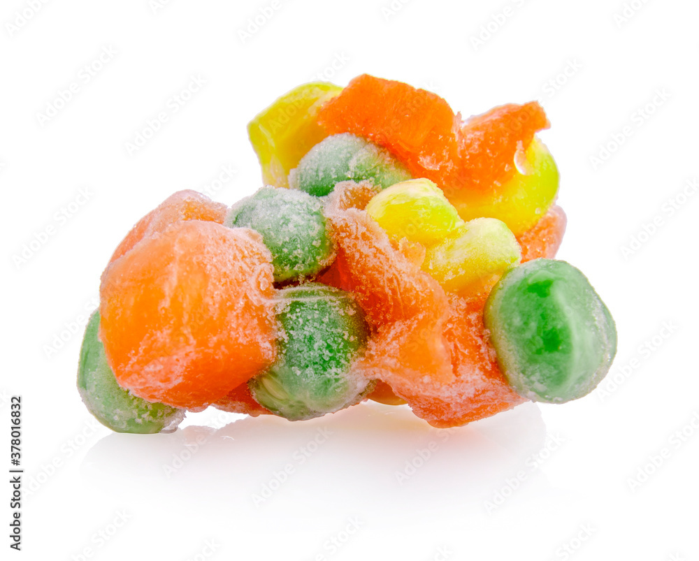 Frozen Carrots, corn, peas isolated on white background. Frozen Carrots, corn, peas isolated on white background.