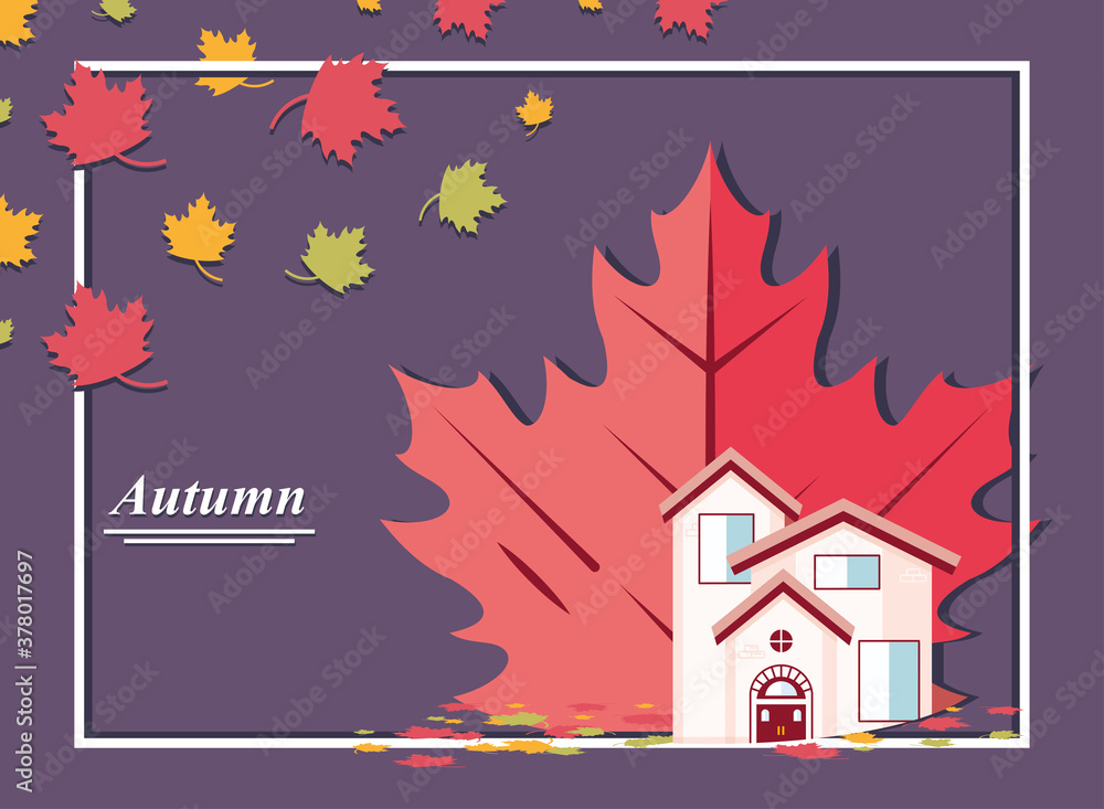 Autumn flat illustration with tree and family house over mountains. Beautiful landscape clouds and field