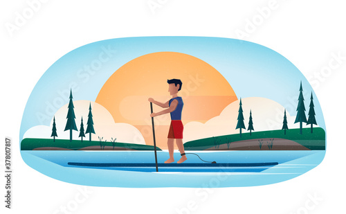 Man rowing oar on sup board, paddleboard background