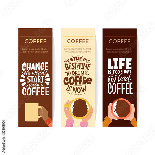 Mug in hand and the phrase lettering about coffee. Graphic design lifestyle lettering. Handwritten lettering design elements for cafe decoration and shop advertising. Coffee banner collection.