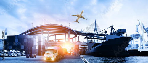 Logistics and transportation of Container Cargo ship and Cargo plane with working crane bridge in shipyard at sunrise, logistic import export and transport industry background