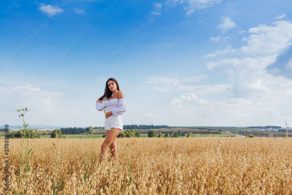Young beautiful woman relaxing at golden oat field. Young beautiful woman relaxing at golden oat field.