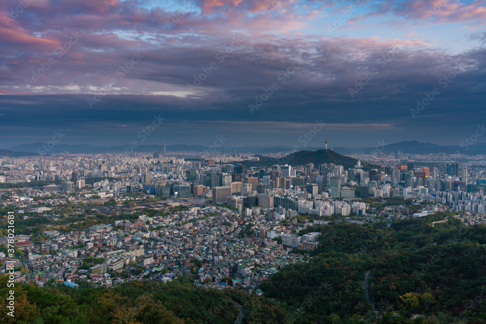View of Seoul at sunset from Inwangsan