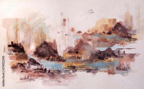 Fototapeta Naklejka Na Ścianę i Meble -  Modern art. Closeup view of an abstract romantic painting depicting the ocean, waves and beach at sunset. Beautiful brushstrokes texture and dusk palette of pink, blue, magenta, orange and red colors.