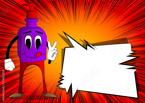 Cartoon bottle of hand sanitizer gel for hygiene with face showing the V sign.