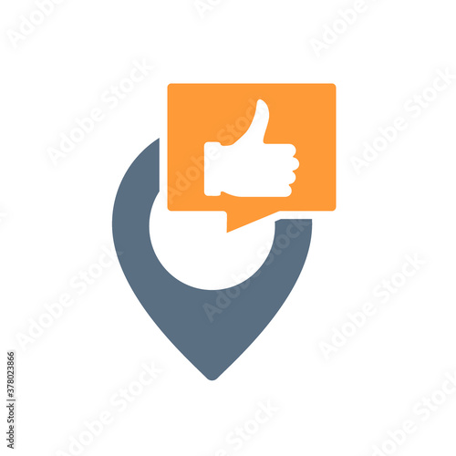 Location pin with thumb up colored icon. Favorite place, quality control, review symbol