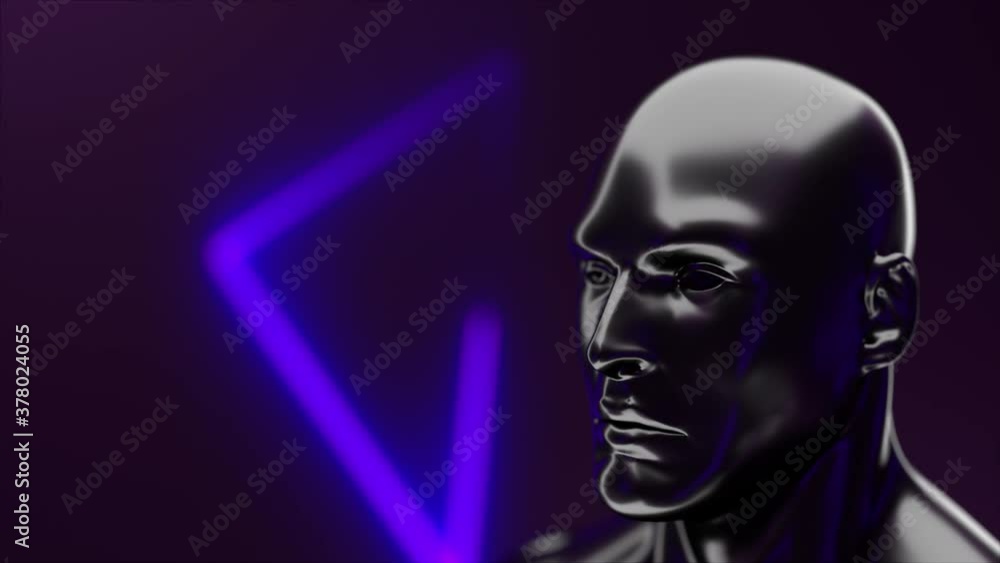 Futuristic human head with iridescent glare in front of geometric neon, 3d rendering. Computer generated virtual background. Futuristic human head with iridescent glare in front of geometric neon, 3d rendering. Computer generated virtual background.