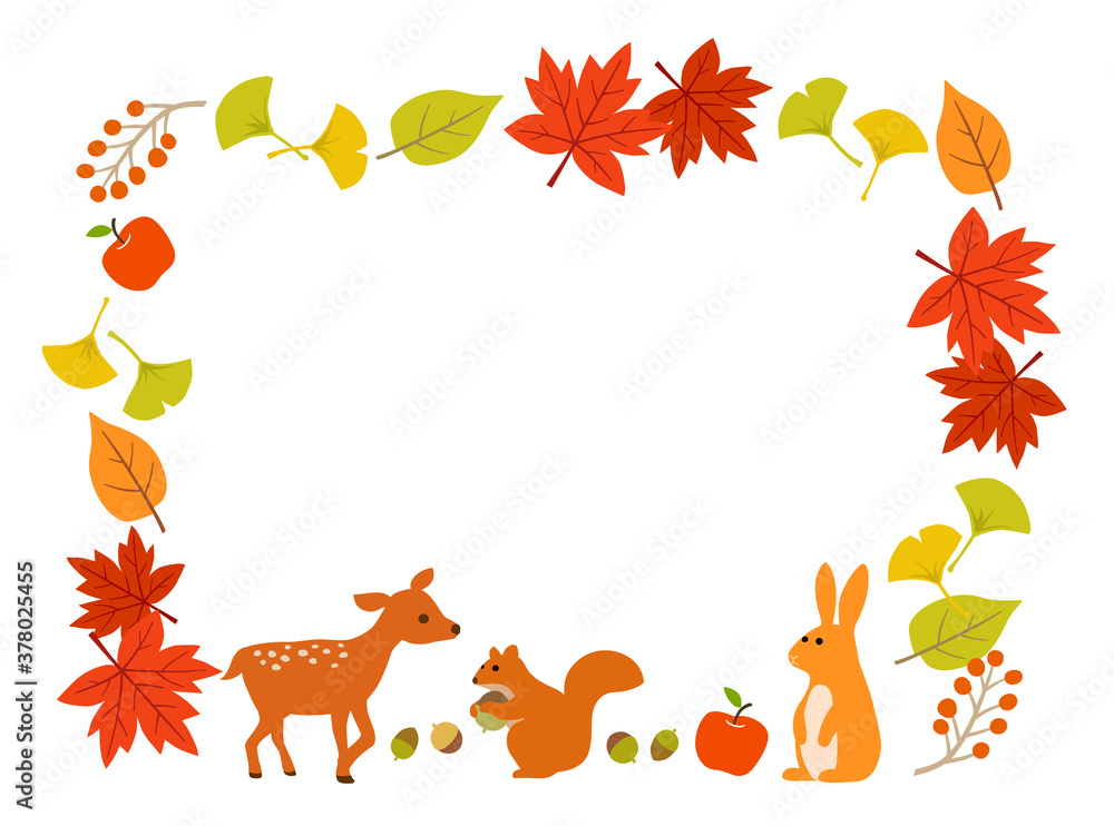 秋の紅葉と動物のフレーム 秋の紅葉と動物のフレーム