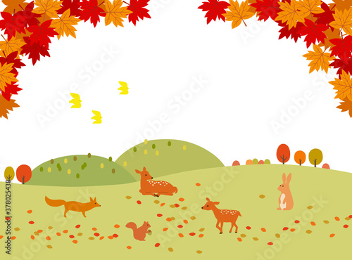 秋の紅葉と動物たち 背景素材