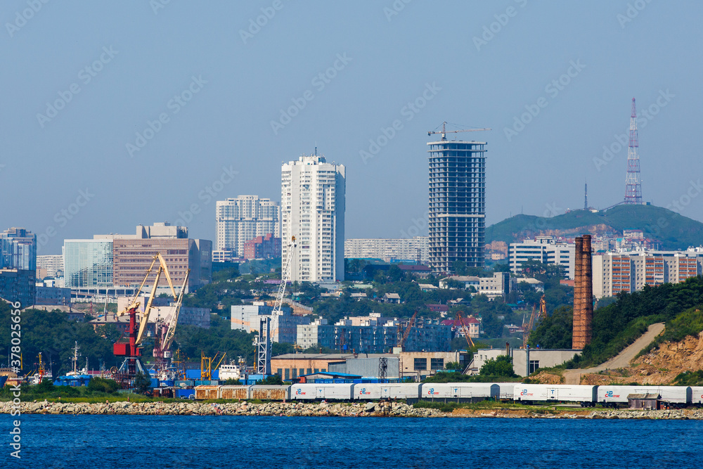 Summer, 2016 - Vladivostok, Russia - Vladivostok Marine Facade. Commercial seaport from the sea side.