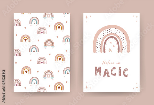 Trendy rainbow in boho style in different color. Belive in magic. Children illustrations for poster or post card. Doodle art element. Modern vector illustration.