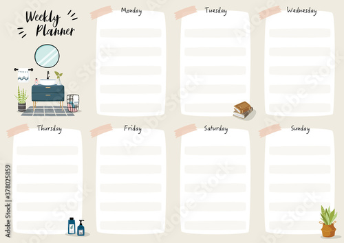 Set of weekly planner and to do list with home interior decor illustrations. Template for agenda, schedule, planners, checklists, notebooks, cards and other stationery.
