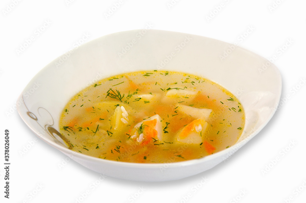 Homemade vegetable soup with rice  which submit on the first dish. Isolated on a white background.