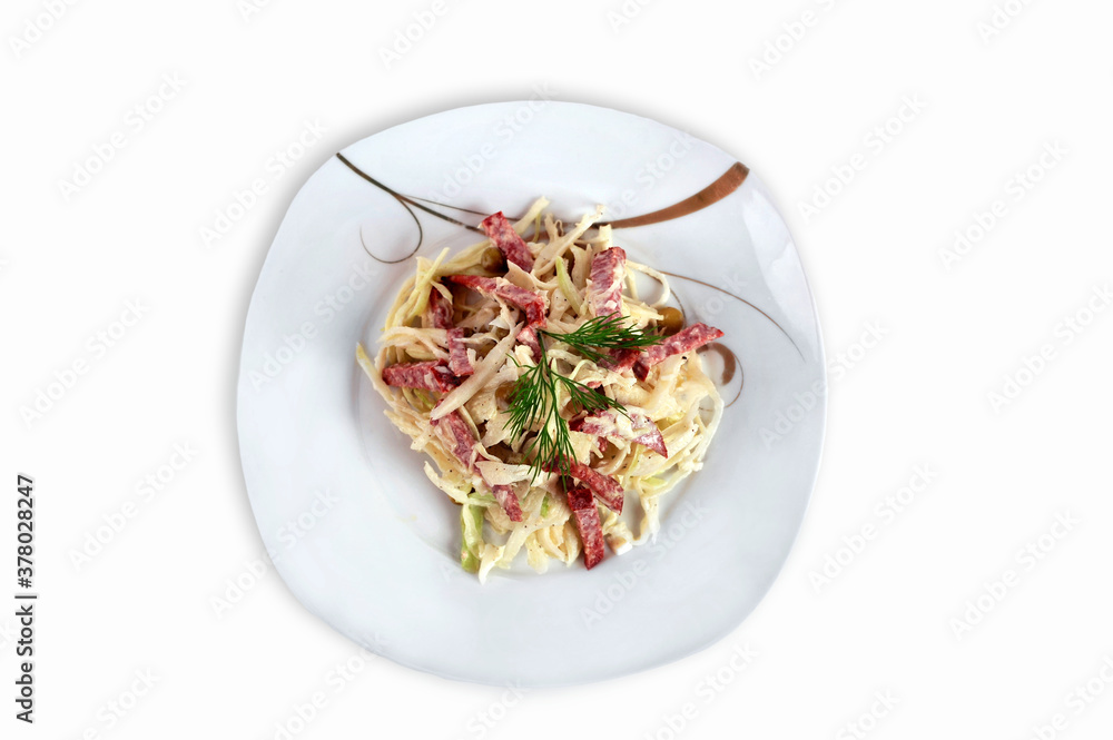 Cabbage salad, green canned peas and servellat Cabbage salad, green canned peas and servellat