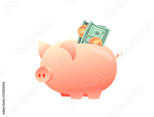 Large piggy bank with paper money on an isolated background. Metaphor of increasing investment, capital accumulation. Successful teamwork concept. Flat vector illustration