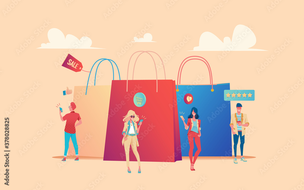 Small people on background of huge pacts with purchases look at phone. Metaphor of buying and evaluating goods. Concept of online shopping easy payment and ordering. Flat vector illustration
