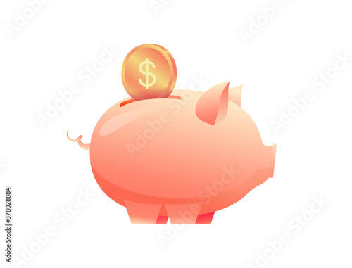 Large piggy bank with a coin on an isolated background side view. Metaphor of increasing investment, capital accumulation. Successful teamwork concept. Flat vector illustration
