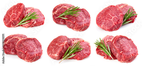 Raw beef meat isolated on white background. Collection beef fillet slice.