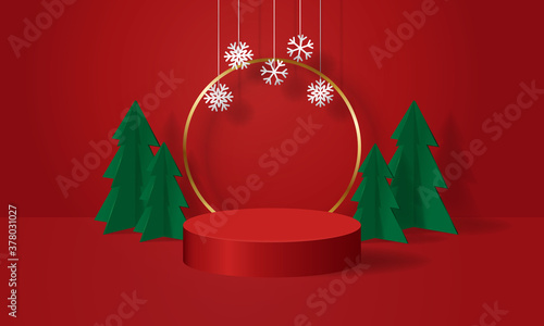 Blank podium stage christmas theme decoration template. 3d vector Illustration