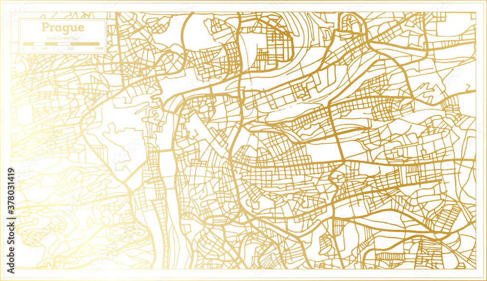 Prague Czech Republic City Map in Retro Style in Golden Color. Outline Map.