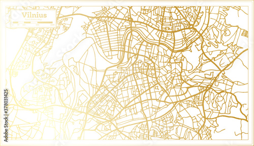 Vilnius Lithuania City Map in Retro Style in Golden Color. Outline Map.