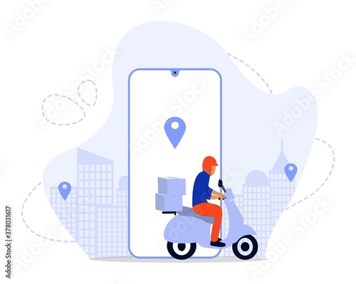 Fast delivery by scooter on mobile. e-commerce concept. online food or pizza order and packaging box infographic.