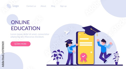 Online education with mobile phone. People and smartphone in square academic cap. Mobile version of the diploma. Modern flat illustration.