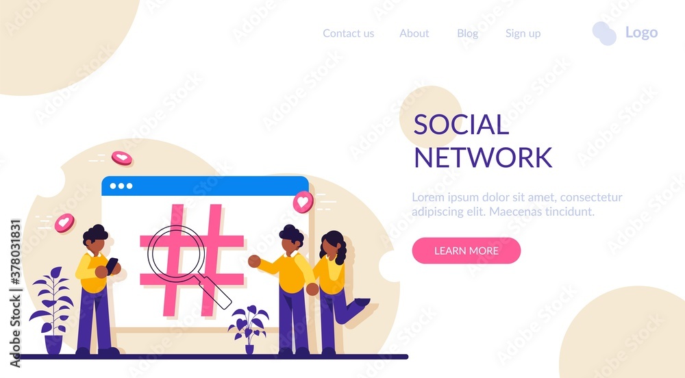 Social network monitoring, social media measurement, social listening concept. Sign hashtag on browser tab. People use the social network. Modern flat illustration.