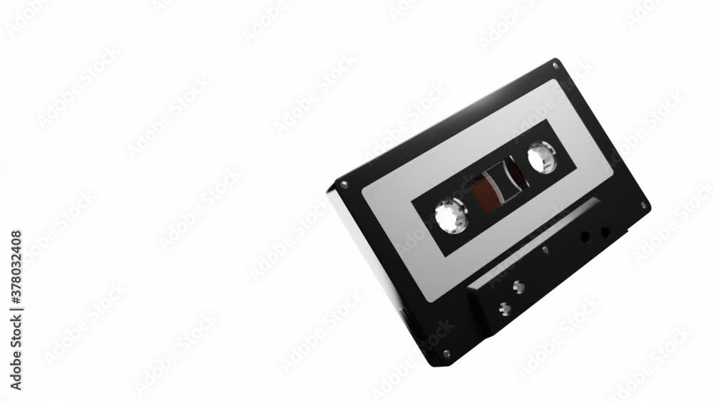 Black cassette tape isolated on a white text space.Loop able 3d animation. Black cassette tape isolated on a white text space.Loop able 3d animation.