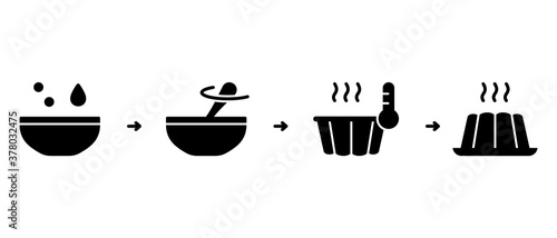 Cooking pudding or homemade muffin in Fluted Cake Pan. Step by step recipe based on adding milk, water, dry powder mix, oil. Silhouette icons. Baking process, instruction. Black flat vector