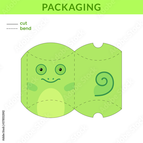 Adorable DIY party favor box for birthdays, baby showers with chameleon for sweets, candies, small presents, bakery. Retail box blueprint template. Print, cutout, fold, glue. Vector stock illustration